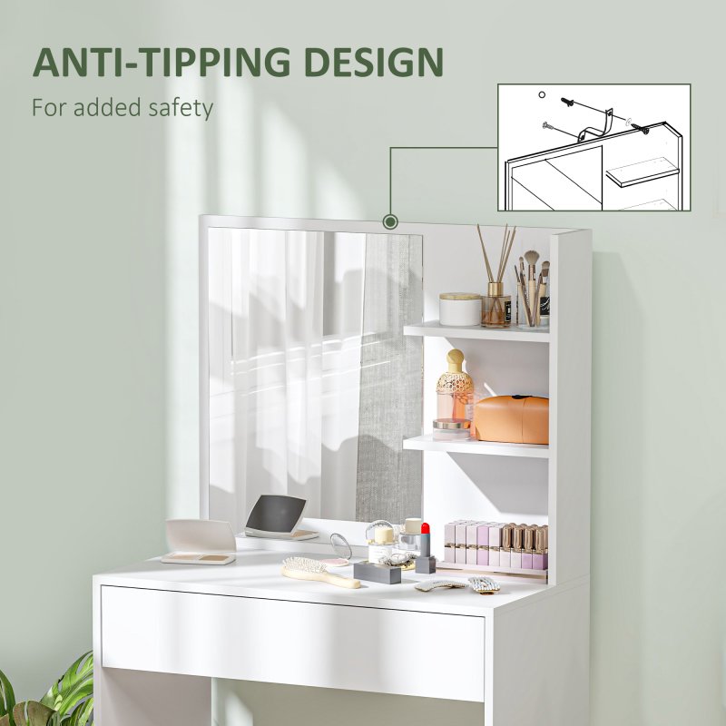 HOMCOM Dressing Table with Mirror, Modern Vanity Desk with Drawer and 3 Open Shelves, Makeup Desk for Bedroom, White