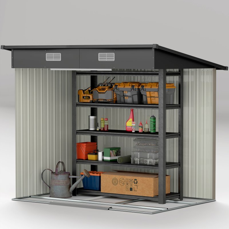 Outsunny 7 x 4ft Outdoor Garden Metal Storage Shed, Tool Storage Box for Patio, Grey Wood Grain