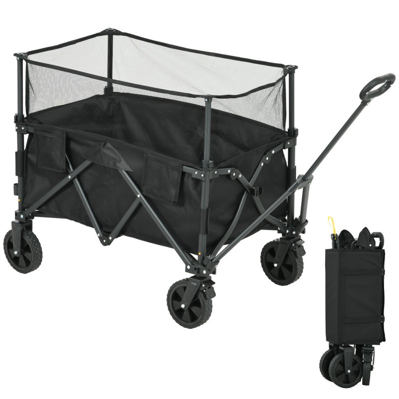 Outsunny 180L Festival Trolley on Wheels, Folding Camping Trolley Cart with Extendable Side Walls and Telescopic Handle, for Garden Beach Fishing, Black