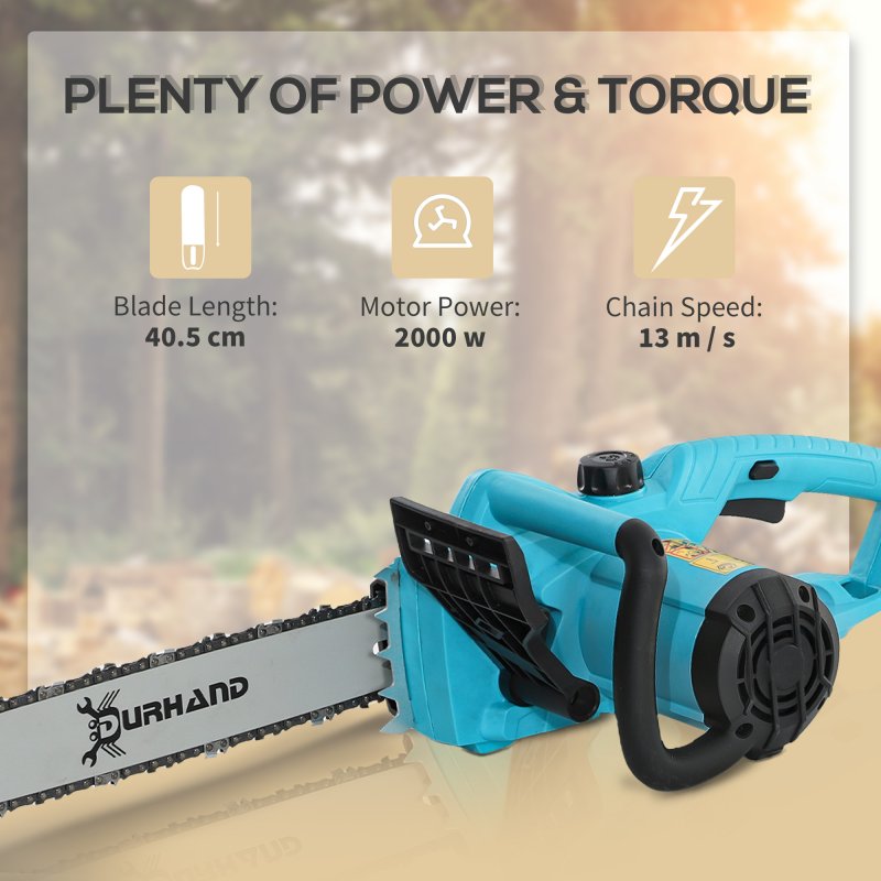 DURHAND Aluminium Chainsaw with Double Brake Protection and Blade Cover, 2000 W, 40 cm, for Wood, Trees and Branches, Blue