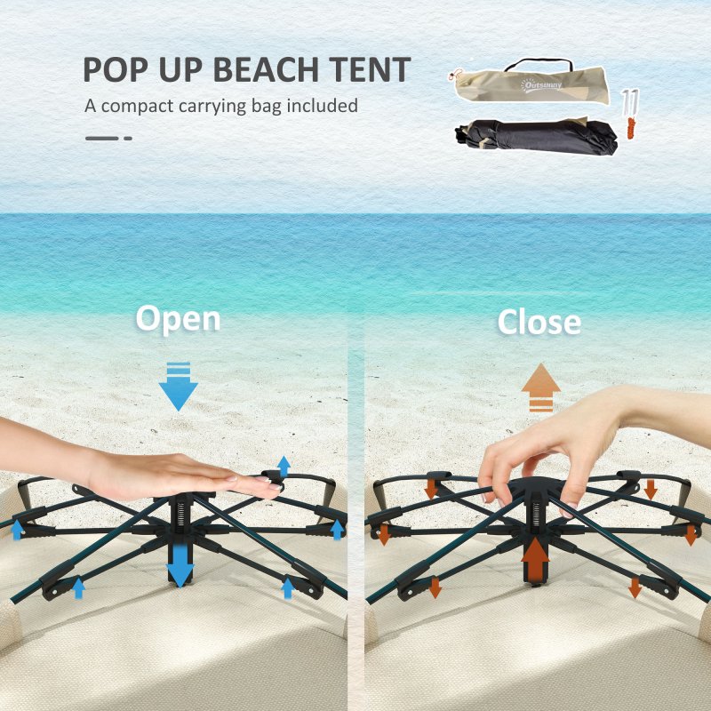 Outsunny Pop Up Tent Beach Tent for 2-3 Person, UPF15+ Easy Set Up Sun Shelter with Extended Floor, Sandbags, Mesh Windows and Carry Bag, Khaki