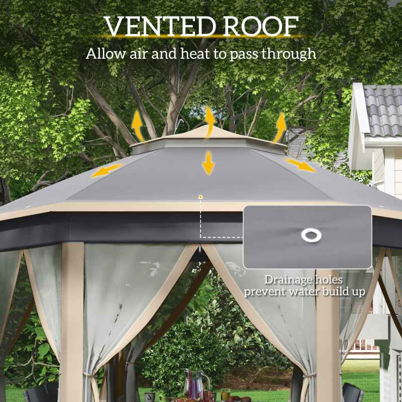 Outsunny 3 x 4m Garden Gazebo Hexagon Pop Up Gazebo Party Tent Canopy Double Roof Instant Shelter with Netting and Carry Bag for Outdoor Patio, Khaki