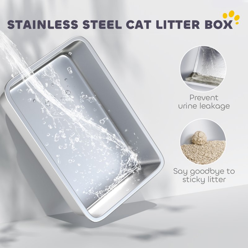 PawHut Stainless Steel Cat Litter Box, Extra Large Metal Cat Litter Tray with Lid, Scoop, Filter Bags, Grey