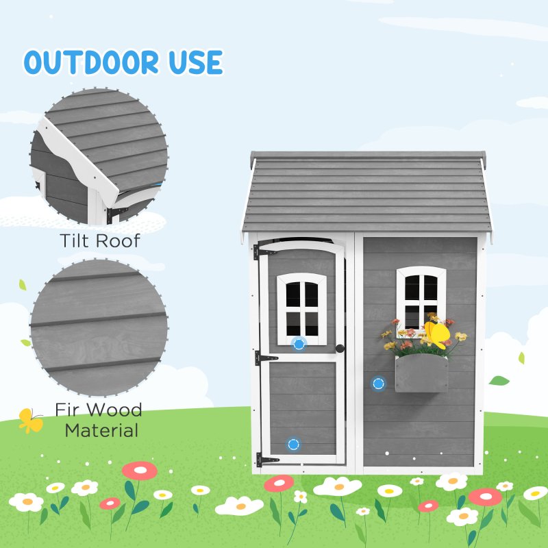 Outsunny Wooden Playhouse for Kids Outdoor Wendy House Indoor with Doors, windows, Plant Box, Floors, for 3-8 Years, for Garden, Lawn, Patio - Grey