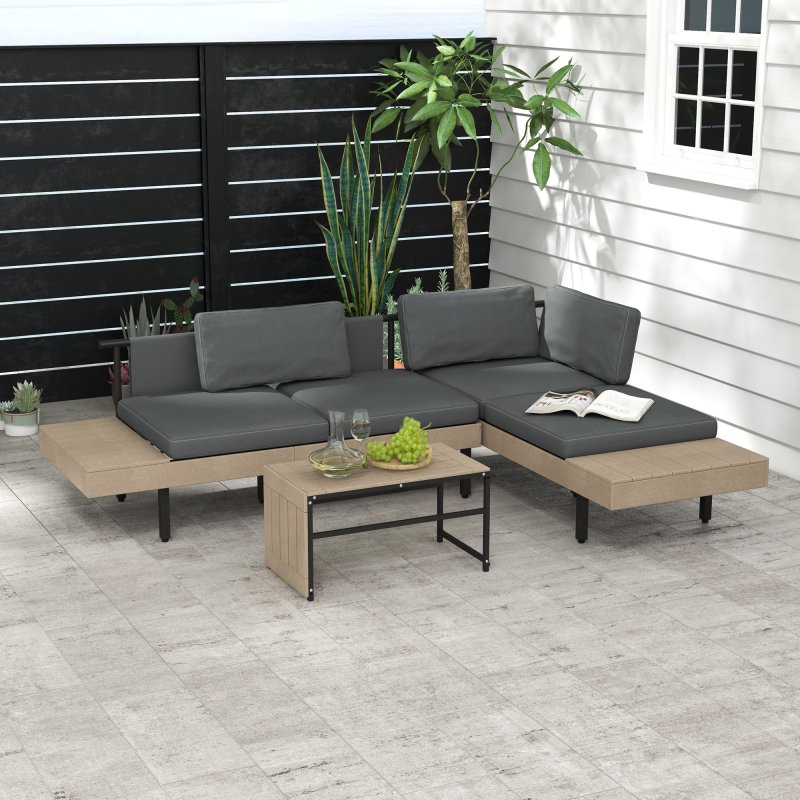 Outsunny 3 Pieces Garden Furniture Set, L Shaped 4 Seater Corner Sofa Set with Table and Cushions, HDPE, Outdoor Patio Sofa Set for Patio, Grey