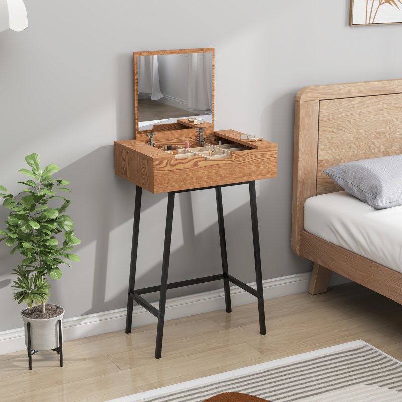 HOMCOM Dressing Table with Flip-Up Mirror, 16 Small Compartments, Industrial Vanity Desk, Makeup Desk with Steel Legs for Bedroom, Natural Wood Effect