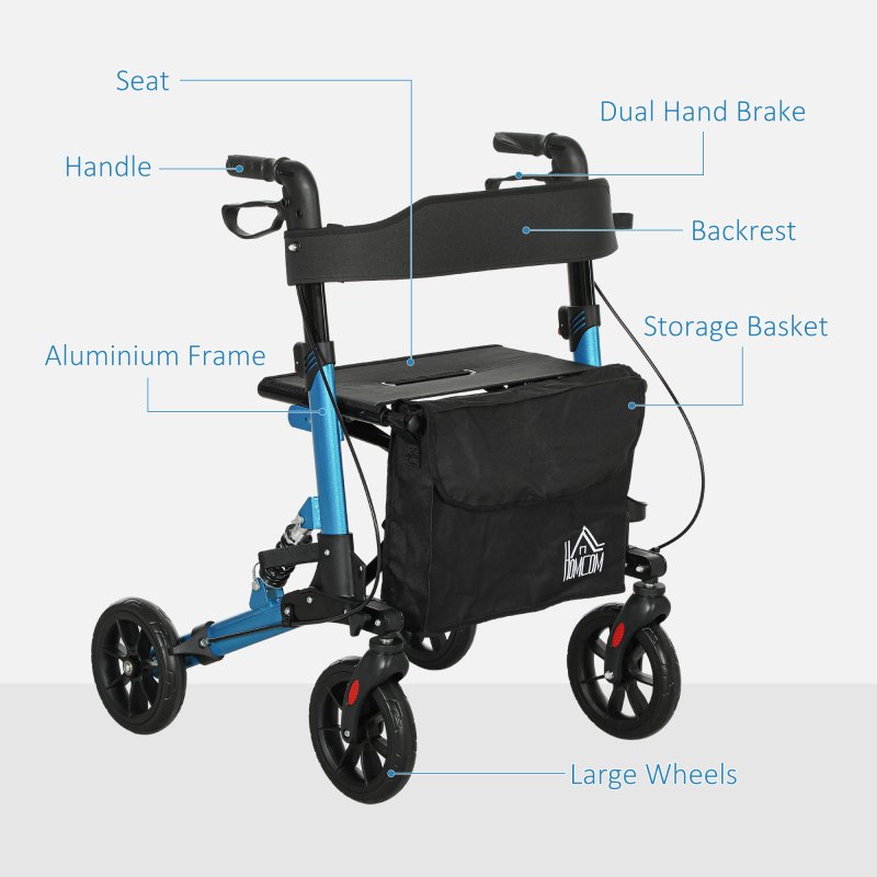 HOMCOM Folding Rollator Walker with Seat, Backrest, Lightweight Walking Frame with Storage Bag, Dual Brakes, Adjustable Handle Height, Suspension System, 4 Wheeled Walker for Seniors
