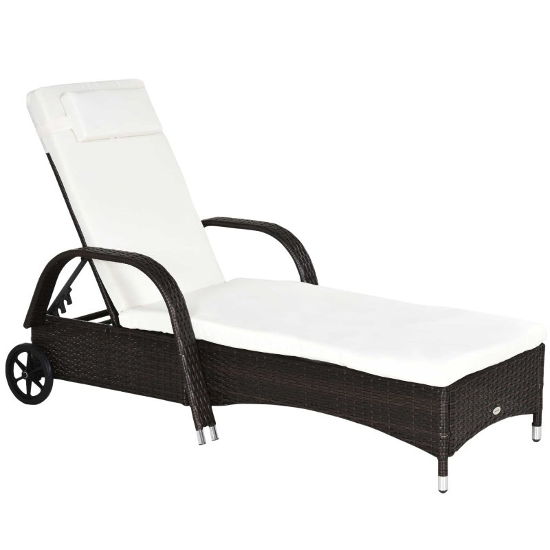 Outsunny Rattan Sun Lounger, Garden Lounger Recliner with Wheels and Adjustable Backrest, Outdoor Reclining Sunbed Garden Chair with Cushion and Headrest for Patio, Beach, Terrace, Brown