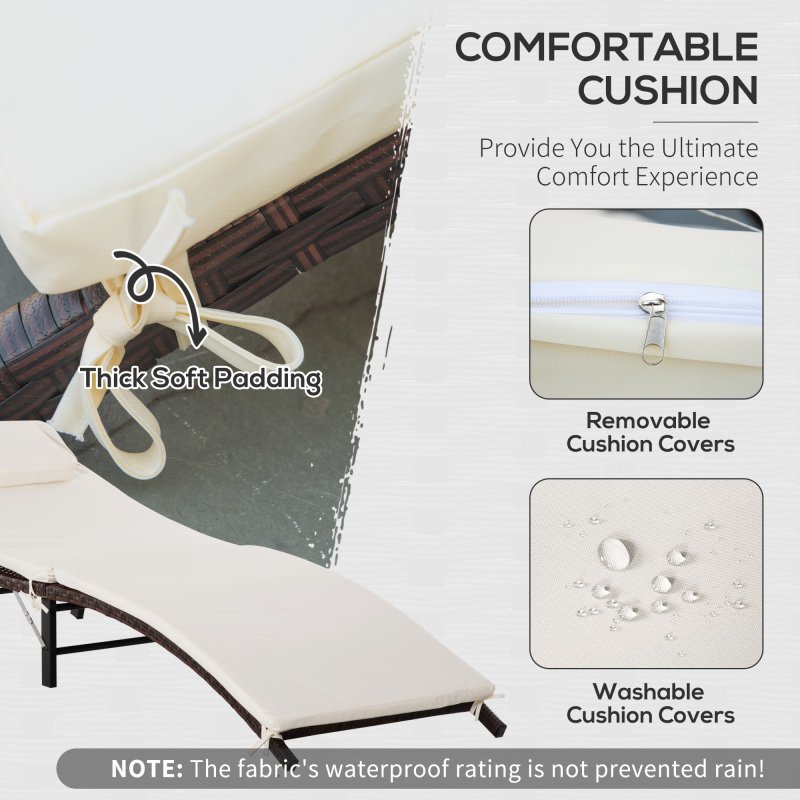 Outsunny Folding Rattan Sun Lounger, Wicker Garden Lounger with Cushion and Pillow, Outdoor Sunbed with Steel Frame for Patio, Beach, Terrace, Cream White
