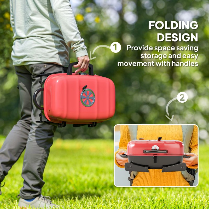 Outsunny Charcoal Barbecue Grill Folding BBQ Grill with 1232 cm? Cooking Area, Adjustable Vent, Thermometer, Handles for Camping Picnic, Red