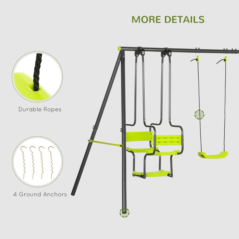 Outsunny Garden Swing Set, Kids Swing with Double Swings, Glider, Swing Seats, for Outdoor, Playground, for Ages 3-8 Years - Green