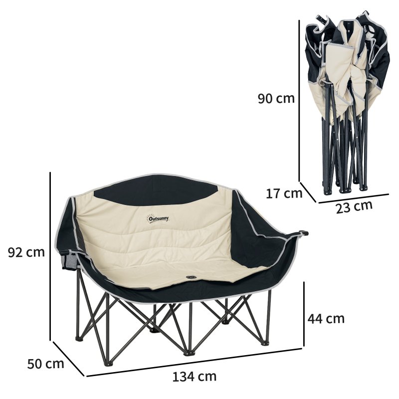 Outsunny Double Camping Chair for Adults, Oversized Heavy Duty Padded Folding Chair with Armrests, Cup Holders and Carry Bag for Outdoor Camping Hiking Picnic Fishing, 250kg Capacity, Khaki