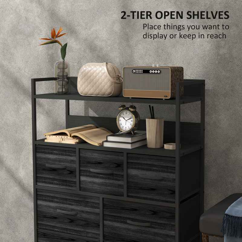 HOMCOM Bedroom Chest of Drawers, Fabric Dresser with 7 Drawers, Storage Organiser Unit with Open Shelves and Metal Frame for Living Room, Entryway