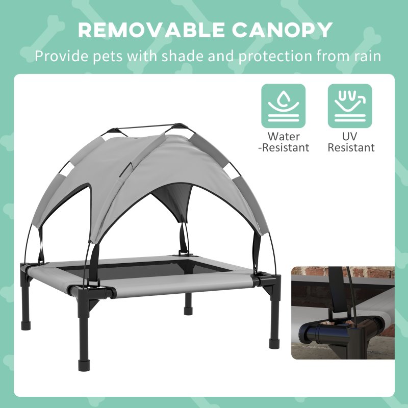 PawHut Cooling Raised Dog Bed, Elevated Pet Bed with Breathable Mesh, UV Protection Canopy, Foot Pads, for Indoor Outdoor, Small, Medium Dogs, 76 x 61 x 69.5cm - Light Grey