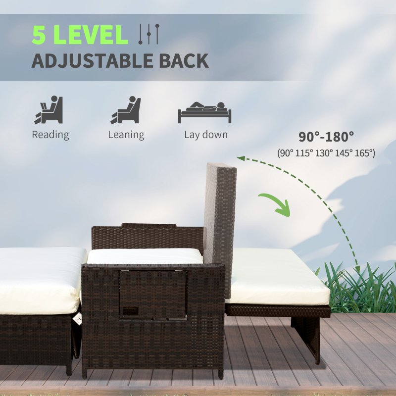 Outsunny Rattan Garden Daybed, Assembled Double Sun Lounger with 5-Level Adjustable Back, Storage Ottoman, Cushions, Pillows and Retractable Trays, Outdoor Loveseat Sofa Bed for Patio, Brown