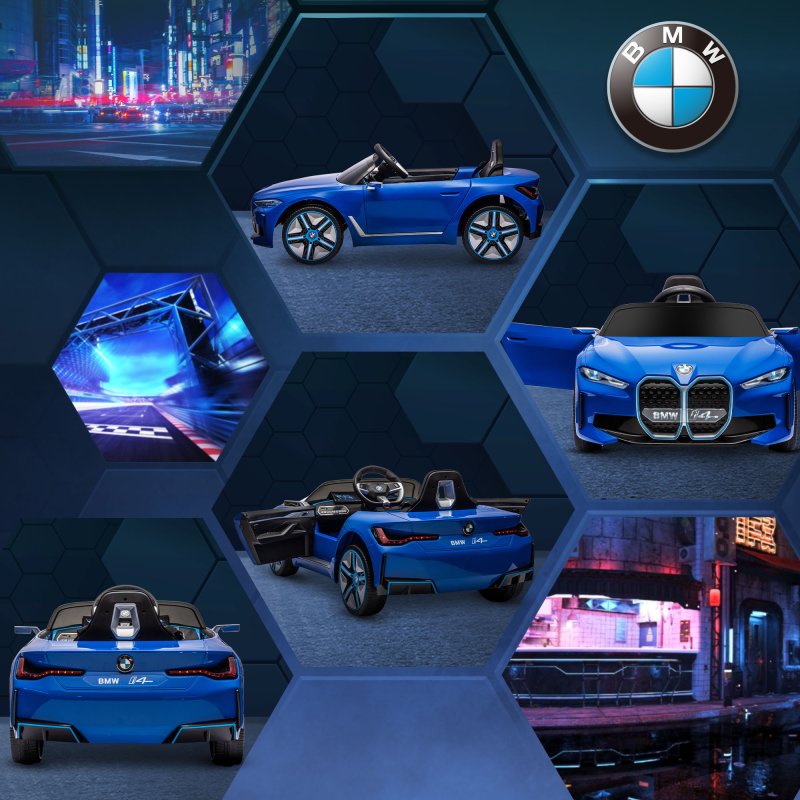HOMCOM BMW i4 Licensed 12V Electric Car for Kids, Kids Electric Ride-on with Remote Control, Suspension Wheels, Music, Horn, Lights, MP3 Slot, Portable Battery, for Ages 3-6 Years - Blue