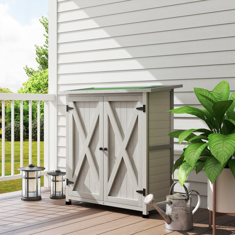 Outsunny Wooden Garden Storage Shed, Tool Cabinet Organiser with Shelves and Double Door, 110 x 55 x117cm, Light Grey