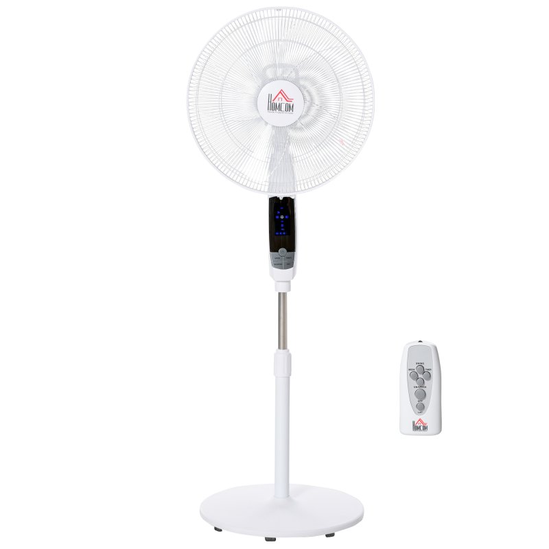 HOMCOM 16'' Pedestal Stand Fan, 3 Speed 3 Mode, 85 Degree Oscillation, LED Panel, 3M Remote Controller, Height Adjustable for Living Room, Bedroom, Garage, Office, Black and White