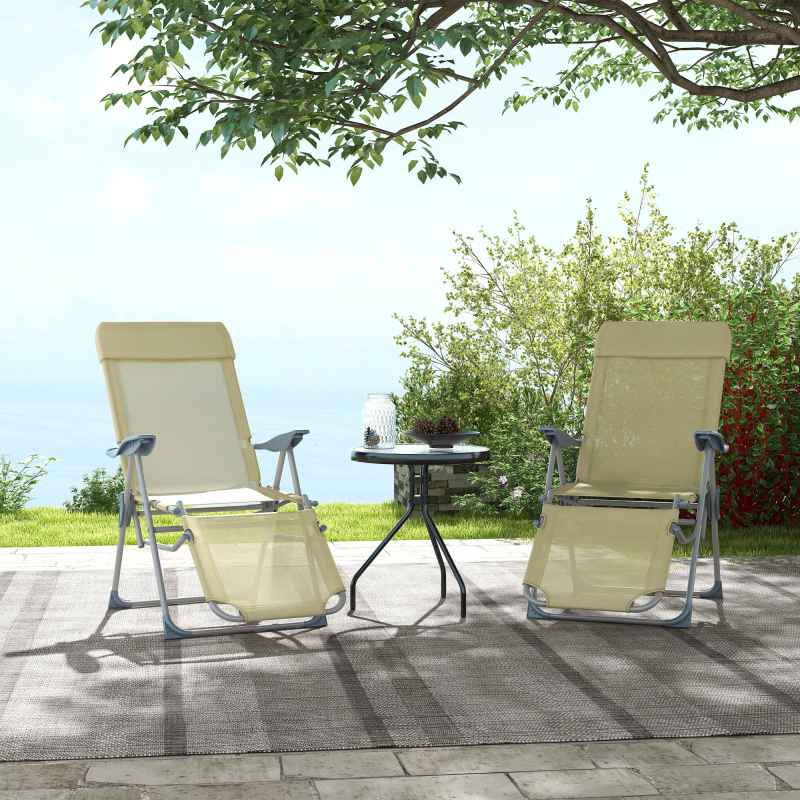 Outsunny Outdoor Sun Lounger Set of 2, Reclining Garden Chairs with Adjustable Footrest, 2 Pieces Recliner with 5-level Adjustable Backrest, Headrest, Beige
