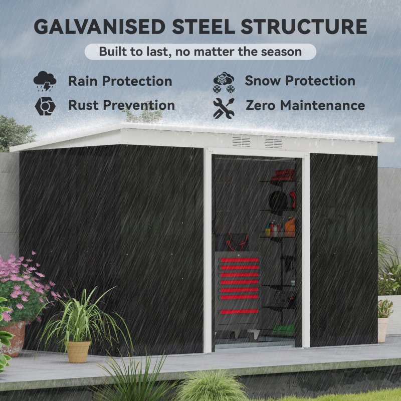 Outsunny 9ft x 4ft Metal Garden Shed, Outdoor Tool House with Foundation Kit, Ventilations and Double Doors, Dark Grey