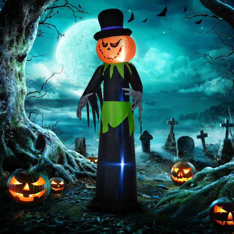 Outsunny 8FT Tall Halloween Inflatable Pumpkin Ghost in A Hat, Blow-Up Outdoor Halloween Decoration with LED Lights for Lawn, Garden, Party