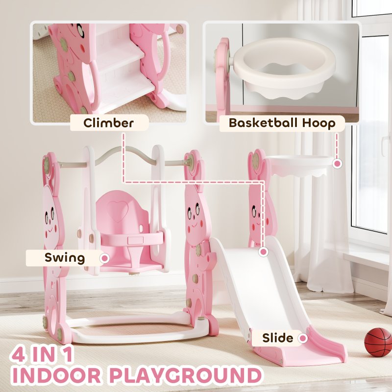 AIYAPLAY Toddler Slide and Swing Set 4 in 1 with Climber, Basketball Hoop, Kids Slide for Age 1.5-4, Children Activity Centre Playground for Indoor Outdoor Garden, Rabbit Themed, Pink