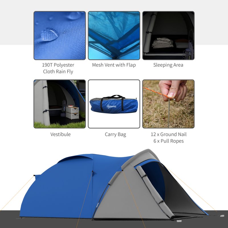 Outsunny Two-Man Camping Tent Dome Tent with Weatherproof Shell, Vestibule & Windows, for Fishing & Hiking, Blue and Grey