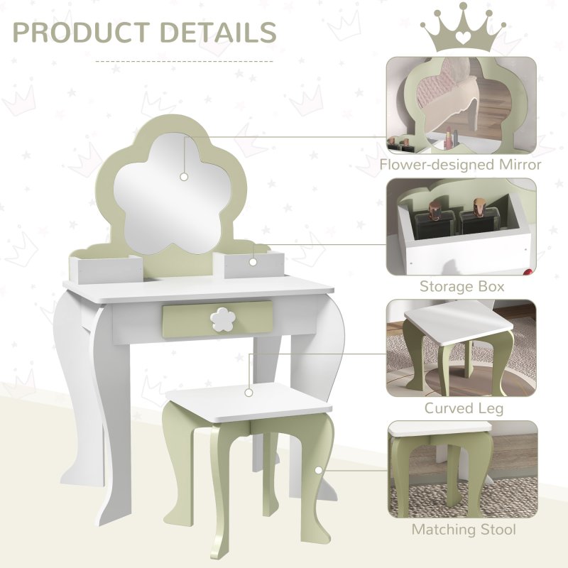 ZONEKIZ Dressing Table with Mirror and Stool, Kids Vanity Table with Drawer, Storage Boxes, Beauty Flower Design Girls Dressing Table for Ages 3-6 Years - White