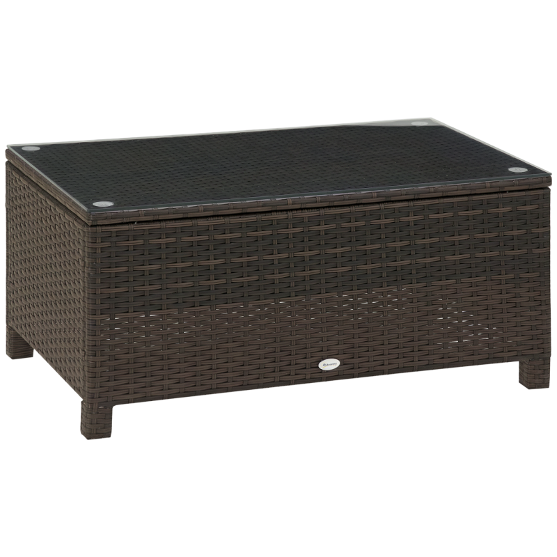 Outsunny PE Rattan Coffee Table, Rectangular Outdoor Coffee Table with Tempered Glass Top, 70 KG Capacity for Garden, Balcony, Terrace, Patio, Mixed Brown