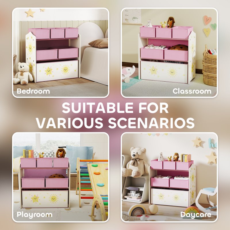 AIYAPLAY Kids Toy Storage Units, 3-Tier Toy Organiser Shelf with 6 Removable Fabric Boxes for Kids, Boys, Girls, Bedroom, Playroom, Nursery, Pink