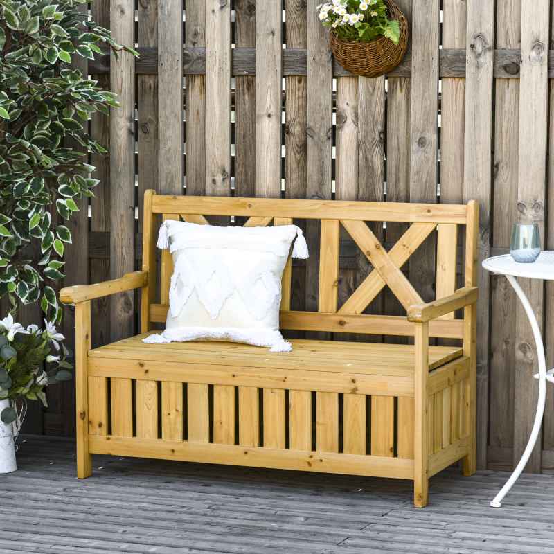 Outsunny Wood Garden Bench 2 Seater Storage Chest Patio Seating Chair with High Back and Armrest, Yellow