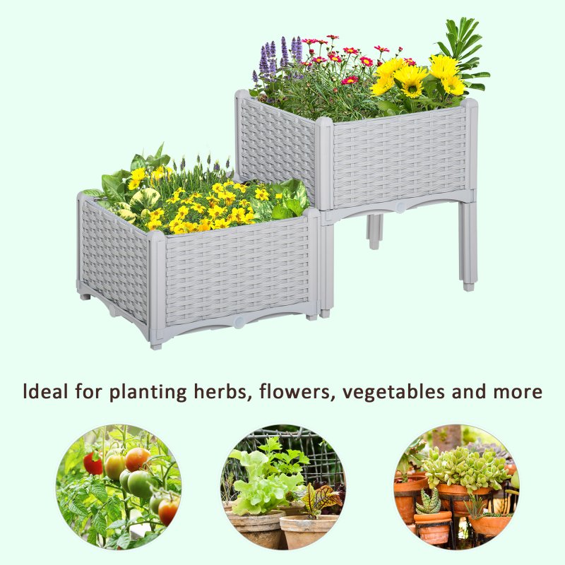 Outsunny Set of 2 26L Garden Raised Bed Elevated Patio Flower Plant Planter Box PP Vegetables Planting Container, Grey