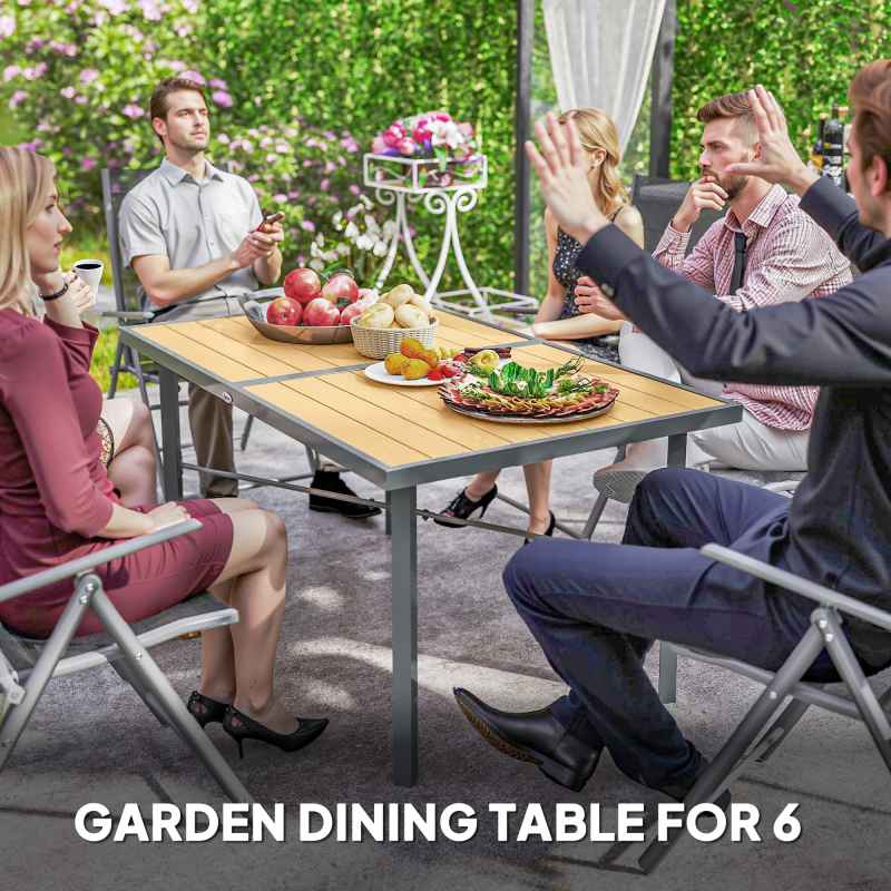 Outsunny Garden Table for 6, 150 cm Rectangular Outdoor Dining Table with 5 cm Umbrella Hole, Wood Effect Top, Rust Resistant Frame, for Patio, Balcony, Terrace, Natural Wood Finish