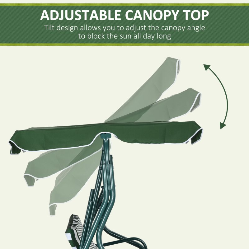 Outsunny 3 Seater Canopy Swing Chair Outdoor Garden Bench with Adjustable Canopy and Metal Frame - Green Stripes