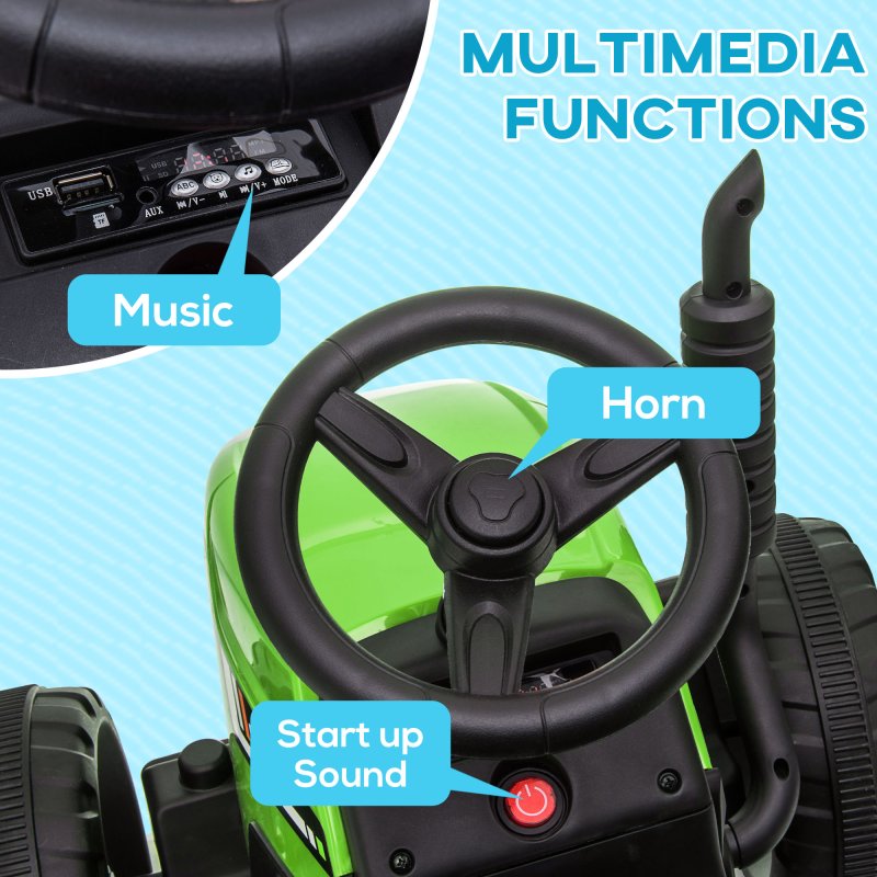 HOMCOM Electric Ride on Tractor 12V Kids Electric Car with Detachable Trailer Remote Control, Music, Horn, Lights, Start-Up Sound, for Ages 3-6 Years - Green