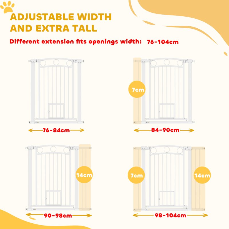PawHut Dog Stair Gate 96cm Extra Tall Height, 76-104cm Adjustable Width Pressure Fit Safety Gate with Cat Door, 7cm and 14cm Extensions for Stairs, Doorways, Easy Installation, White