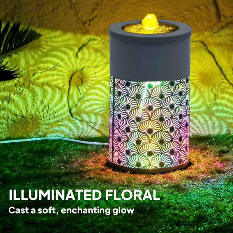 Outsunny 30 cm Tall Garden Waterfall Fountain with LED Lights and Pump, Garden Water Feature Water Fountain with Adjustable Flow and Cut-out Design for Indoor and Outdoor Decor, Light Grey