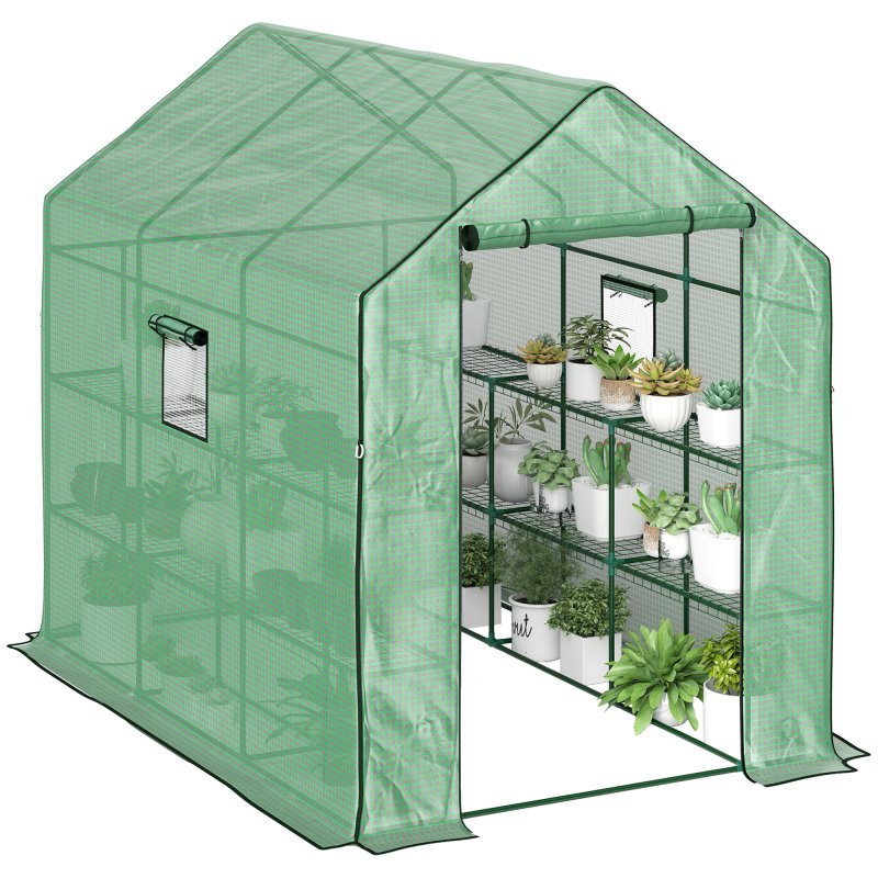 Outsunny Walk-in Greenhouse with 3 Tier 12 Shelves, Small Greenhouse with Reinforced PE Cover, Garden Plant Growhouse with Roll-up Door and Three Mesh Windows, 140 x 213 x 190 cm, Green