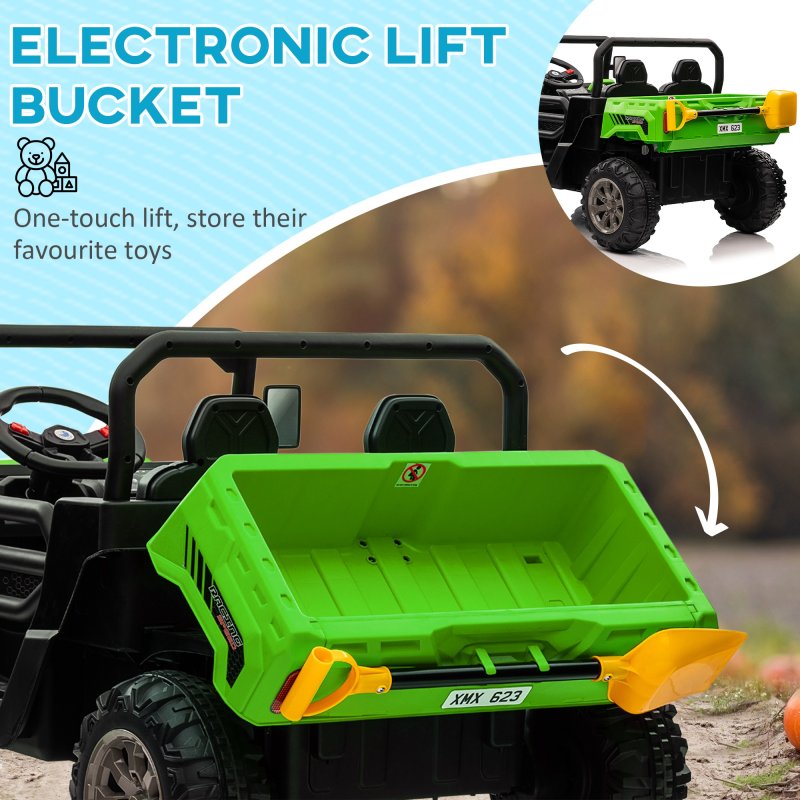 HOMCOM 2 Seater Kids Ride On Car with Electric Bucket, 12V Battery Powered Electric UTV with Shovel, Parental Remote, 4 Spring Suspension Wheels, Working Horn, Music - Green