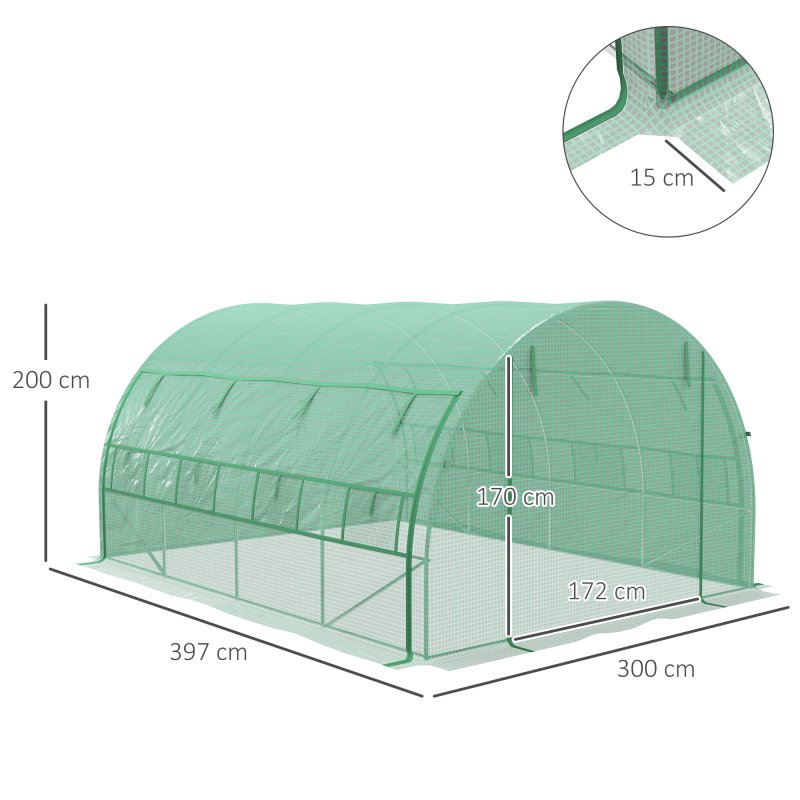 Outsunny 4 x 3 x 2 m Polytunnel Greenhouse with Roll-up Side Walls, Walk-in Grow House Tent with Steel Frame, Reinforced Cover, Zipped Door and 12 Mesh Windows for Garden, Green