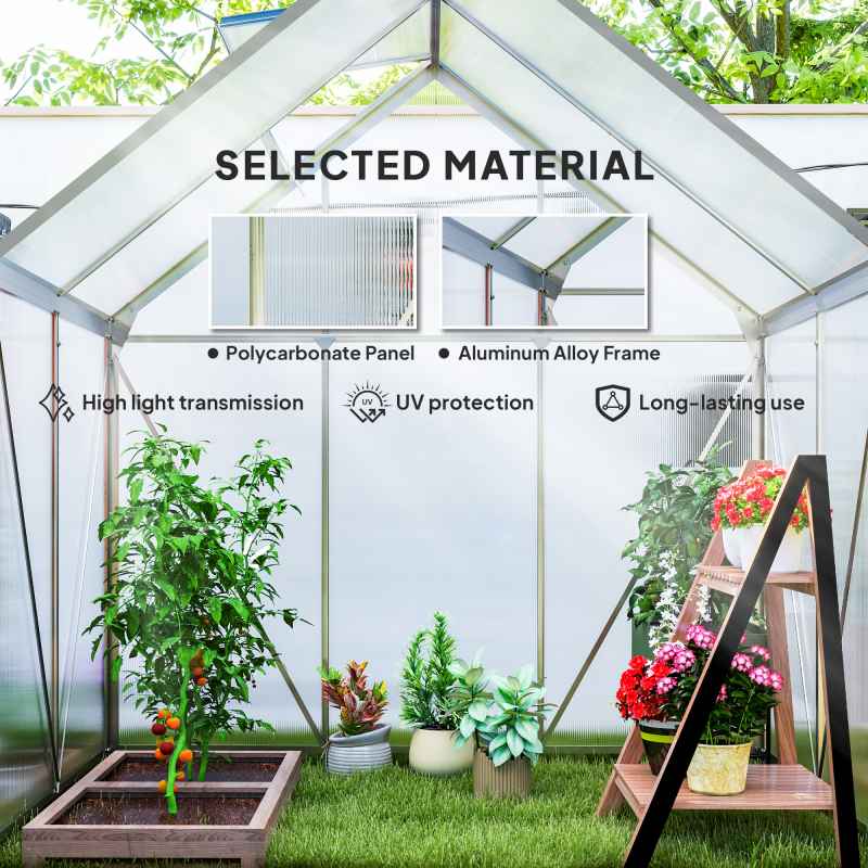 Outsunny Polycarbonate Greenhouse, Small Greenhouse with Adjustable Roof Vent, Garden Green House with Galvanised Base, Sliding Door and Rain Gutter,  192.5 x 131 x 200 cm, Silver Tone