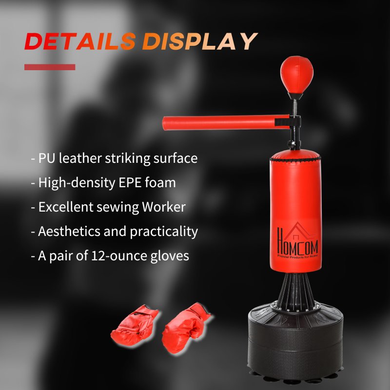 HOMCOM 155-205cm 3-IN-1 Freestanding Boxing Punching Bag Stand, Boxing Speed Trainer with Rotating Flexible Arm, Speed Ball, Fillable Base, Red