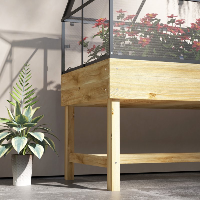 Outsunny Raised Garden Bed with Cold Frame Greenhouse, Elevated Wood Planter Box with Polycarbonate Panel and Top Vent for Vegetables, Flowers, Herbs, 120 x 60 x 103cm, Natural