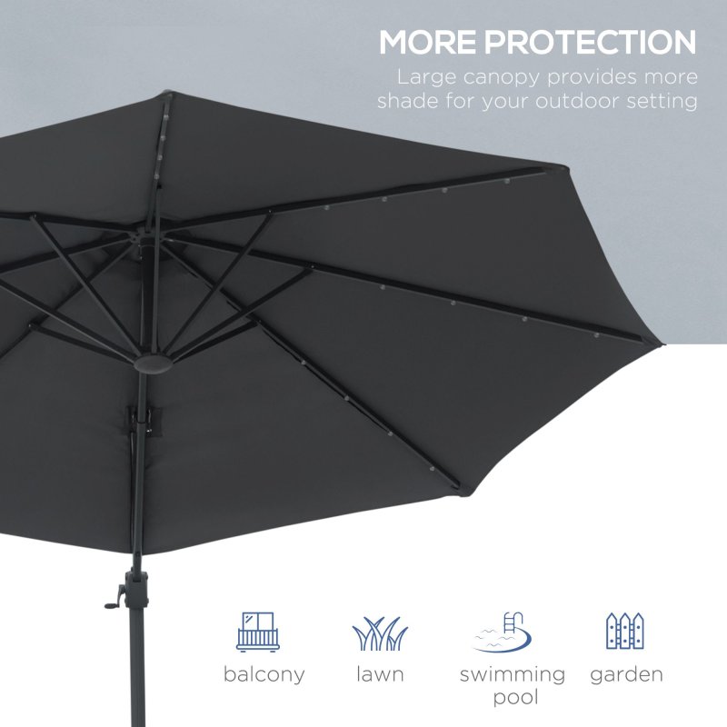 Outsunny 3(m) Cantilever Roma Parasol Patio Sun Umbrella with Crank & Tilt LED Solar Light Cross Base 360 Rotating Outdoor, Dark Grey