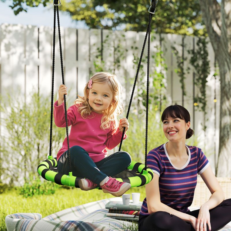 AIYAPLAY Kids Nest Swing Seat, Hanging Set with Height Adjustable Ropes for Kids, 60cm Diameter Round Saucer Swing Chair for Outdoor, Garden, Black/Green