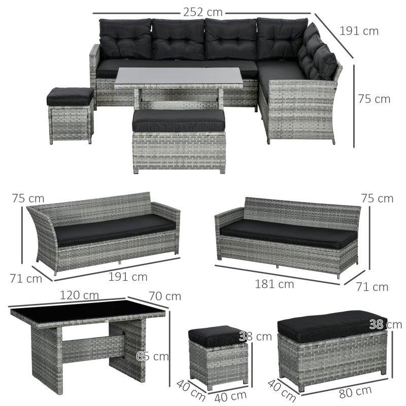 Outsunny 5 Pieces PE Rattan Garden Furniture Set with Corner Sofa, Patio Sofa Set with Glass Table, Stools, Cushions, for Poolside, Mixed Grey