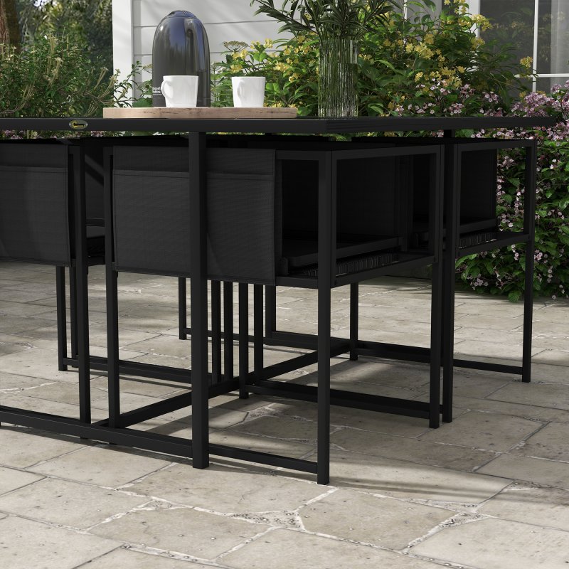 Outsunny 5 Piece Garden Dining Set, 4 Seater Outdoor Table and Chairs with Texteline Seat, Space Saving Cube Set with Foldable Backrest, Tempered Glass Table Top, for Patio, Black