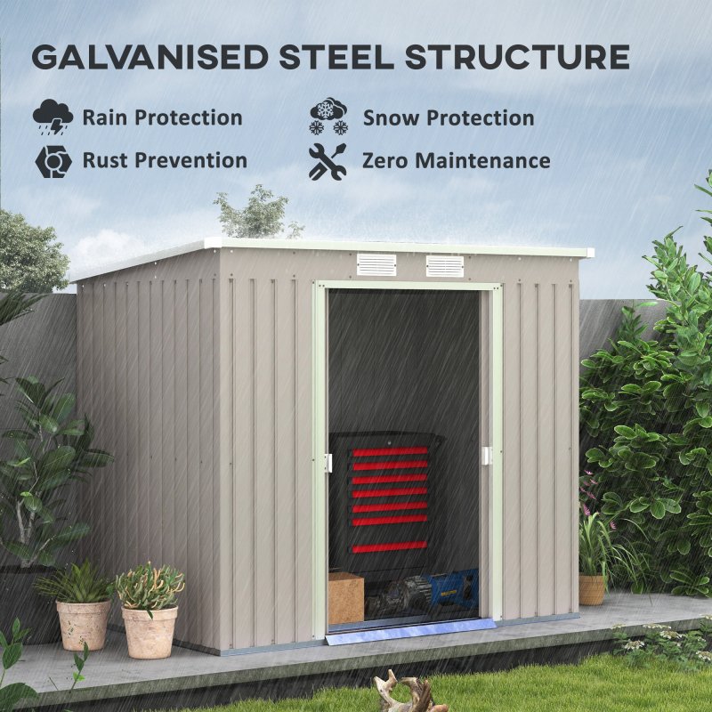 Outsunny 7 x 4ft Lean to Garden Shed with Foundation Kit, Double Door and Vents, Outdoor Metal Storage Shed for Equipment Tools, Grey