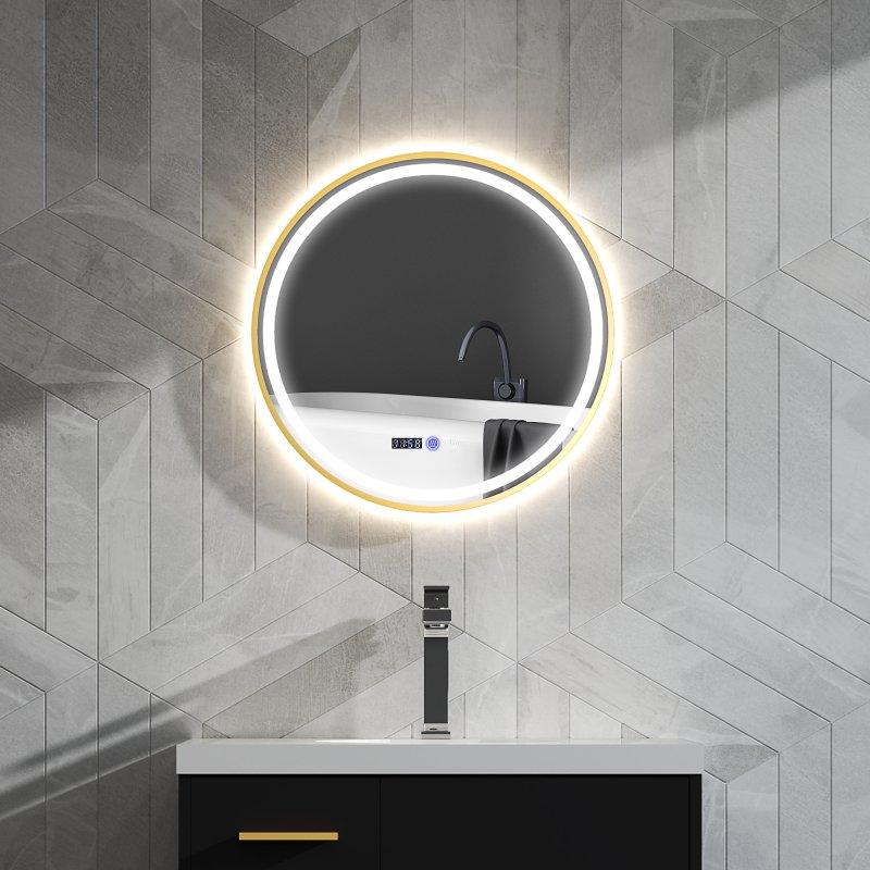 HOMCOM 600mm Round Bathroom Mirror with LED Lights, Wall Mounted Backlit Illuminated Bathroom Mirror with Demister, 3 Colours Dimmable, Memory Function, Touch Switch, Time and Temp Display, Gold Tone