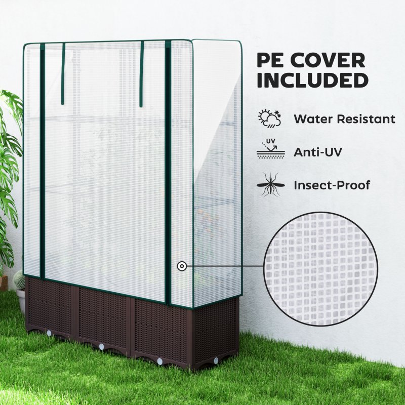 Outsunny Raised Garden Bed with Trellis, Plastic Planter Box with PE Cover, Drainage Holes, Drain Plugs and Water Reservoirs for Climbing Plants, Vegetables, Flowers, 120 x 40 x 140 cm